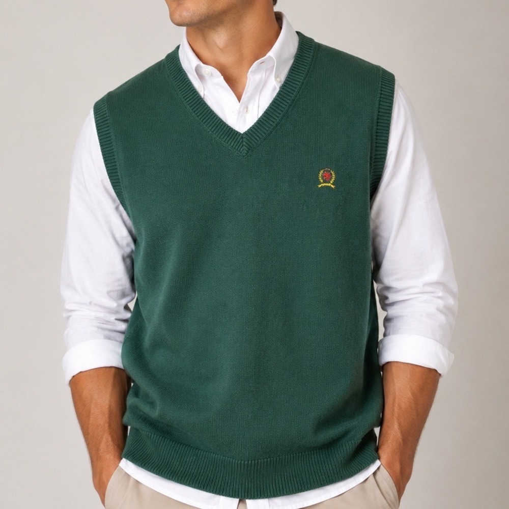 Vintage Tommy Hilfiger Sweater Vest Large Green 100% Cotton Preppy‎ V Neck Golf